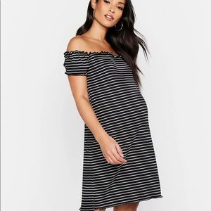 Boohoo Maternity Lettuce Hem Stripe Rib Bodycon Dress